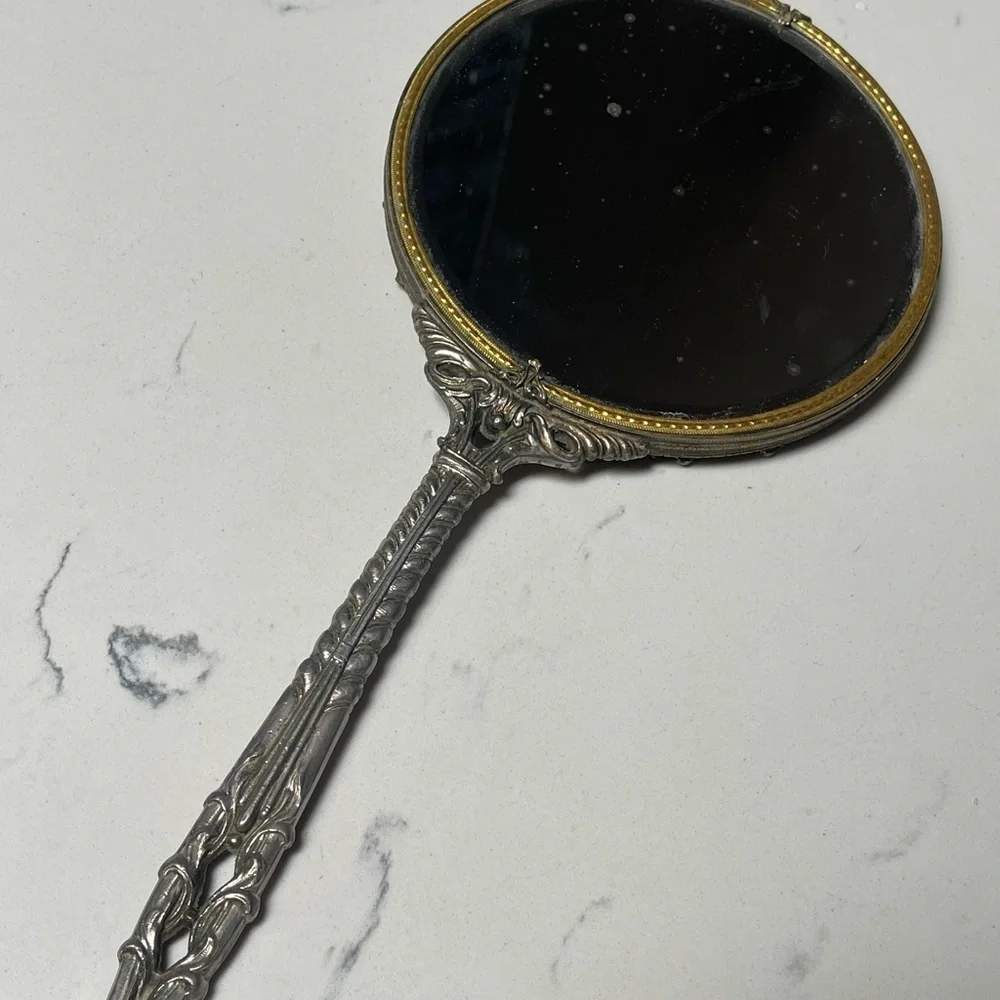 Antique French Gild Beveled Hand Mirror Filigree Floral Scroll 14”